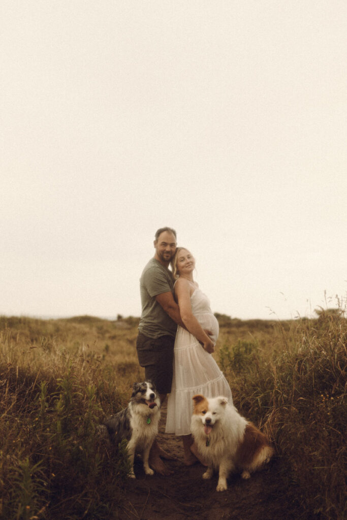 A pregnant couple with their dogs for their family portrait in Ohope by Eilish Burt Photography